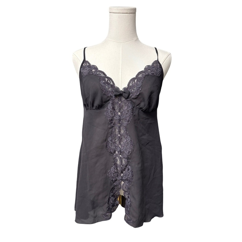 Victoria's Secret Camisole Women Medium Gray Lace Trim Bow Back V-Neck Lingerie